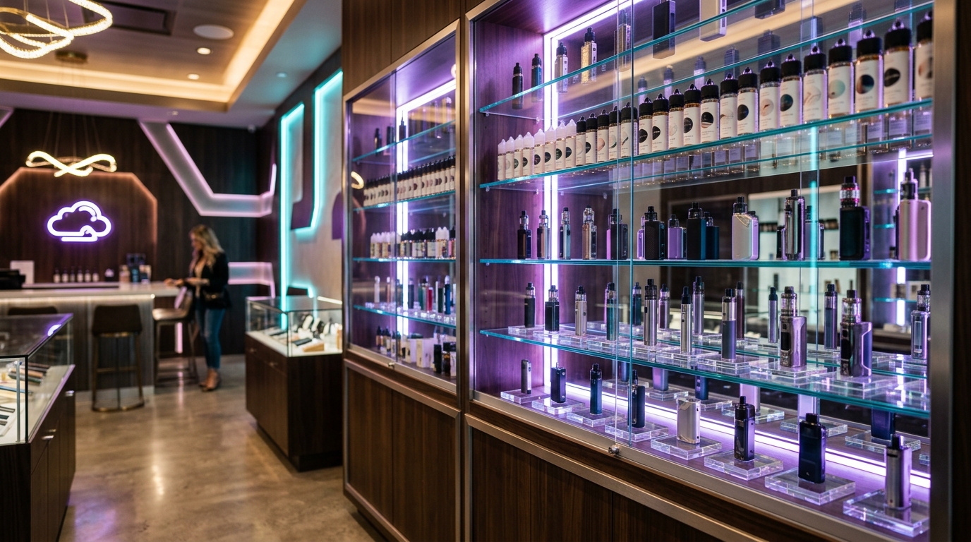 Vape display racks at HTown Smoke Houston TX